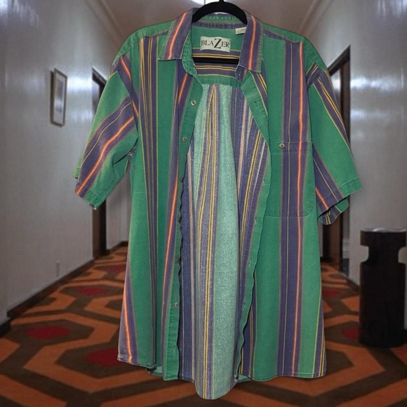 RARE VTG 80s 90s BlaZer Oversized Men’s Green Striped Button Down Shirt — LARGE - Picture 3 of 6